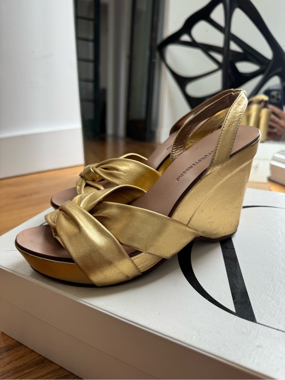 Diane Von Furstenberg Metallic Gold Knotted Slingback Sandals